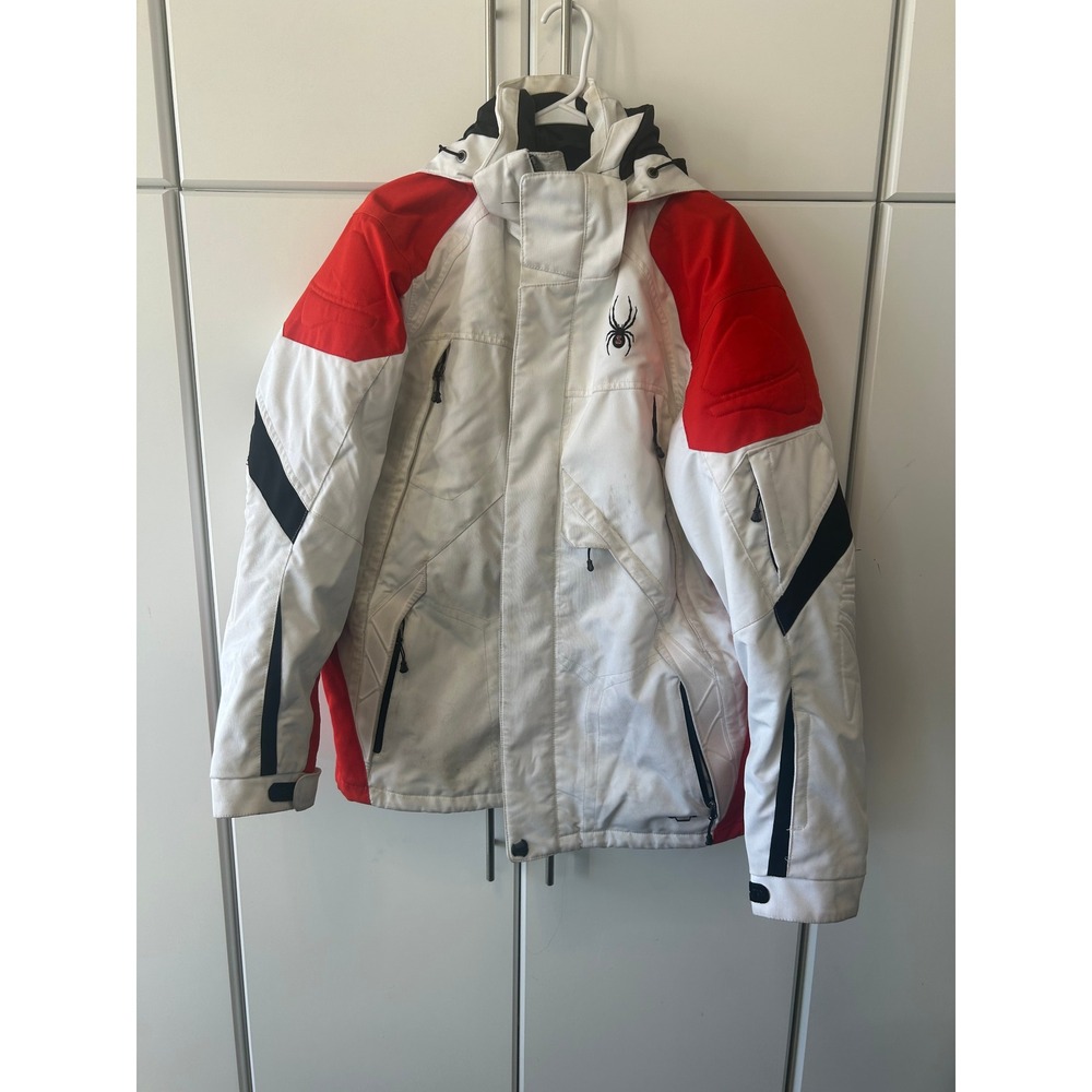 Spyder Mens Ski Jacket White Red Black Hooded Winter Coat Size Large L
